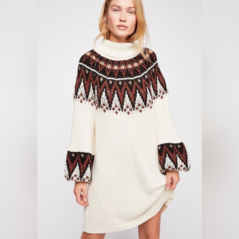 Free People “Scotland” Fairisle Sweater Knit Mini Tunic Dress Medium NWOT